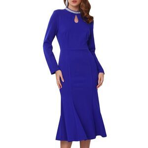 Women's Evening Fishtail Dress Long Sleeve Bodycon Cocktail Dress Royal Blue